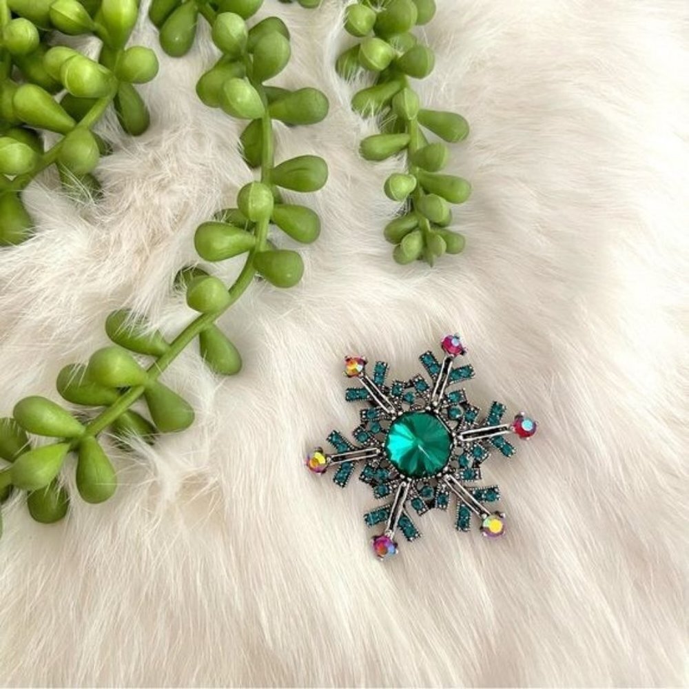 Christmas Snowflake Multicolored Rhinestone Brooch Stocking Stuffer Gift